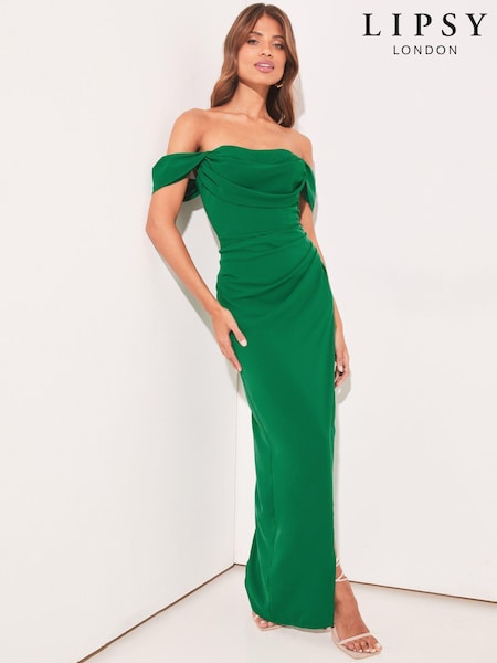Lipsy Green Bardot Split Drape Maxi Dress (K39832) | €49