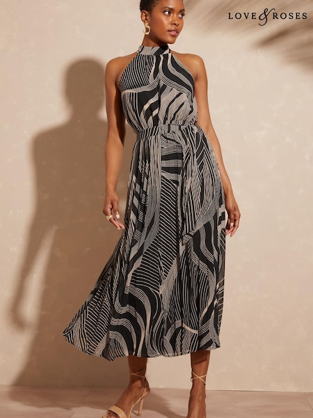 Love & Roses Black Linear Printed Halter Pleated Belted Midi Dress (K39842) | €32