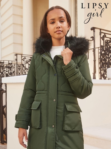 Lipsy Khaki Green Shower Resistant Padded Parka School Coat (K40165) | €23 - €26