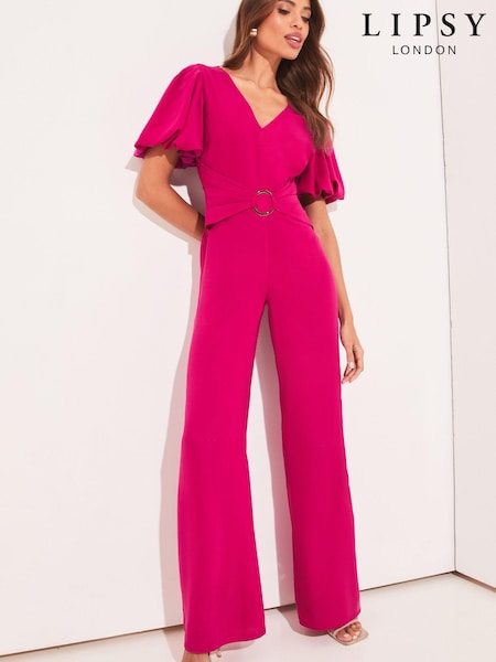 Lipsy V Neck Puff Sleeve Ring Detail Summer Straight Leg Jumpsuit (K40179) | €37