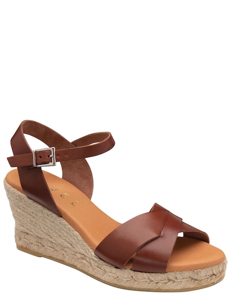 Ravel Brown Leather Rafia Wedge Espadrille With Buckle (K40341) | €48