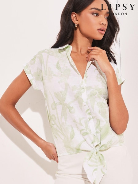 Lipsy Green Print Short Sleeved Tie Front Button Up Shirt (K40855) | €14