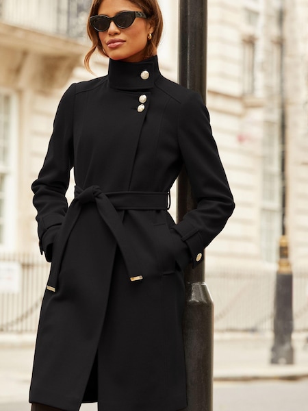 Lipsy Black Military Button Wrap High Neck Belted Coat (K40992) | €71