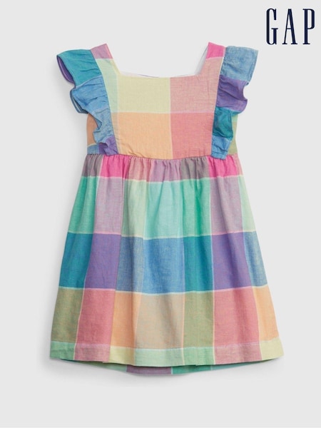 Gap Multi Linen-Cotton Plaid Flutter Sleeve Dress (K41345) | €15