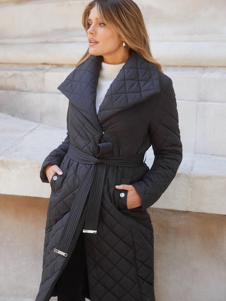 Lipsy Black Petite Quilted Belted Wrap Padded Coat (K41399) | €63