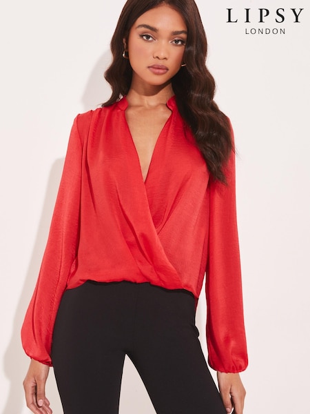 Lipsy Red Grandad Collar Long Sleeve Wrap Blouse (K41506) | € 20