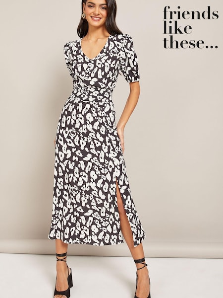 Friends Like These Monochrome Puff Sleeve Ruched Waist V Neck Midi Summer Dress (K41690) | €25