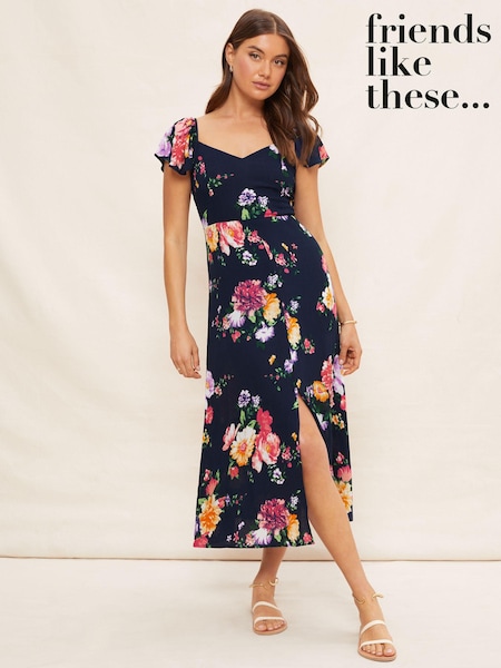 أزرق زهور - Friends Like These Flutter Sleeve Sweetheart Neck Split Midi Dress (K41749) | ‏83 د.إ.‏