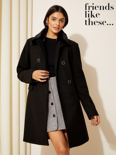 Negru - Friends Like These Faux Fur Collar Military Button Coat (K42410) | 326 LEI