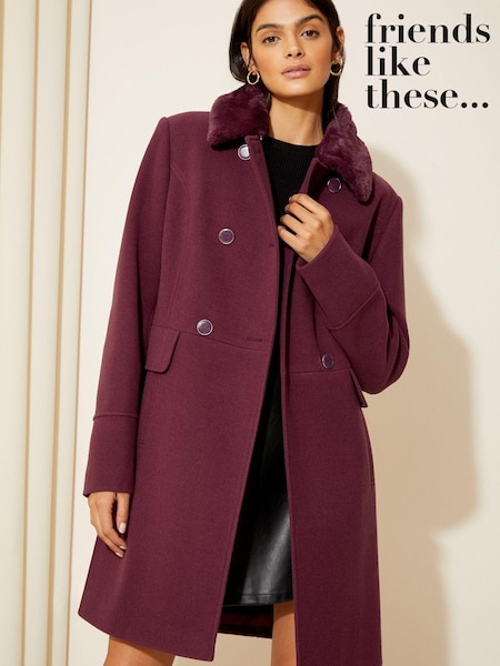 Friends Like These Berry Red Faux Fur Collar Military Button Coat (K42411) | €59