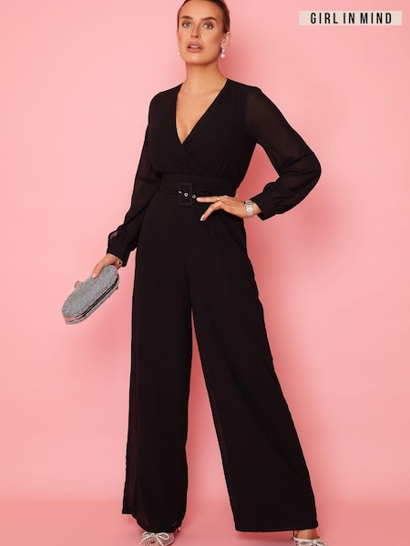 Girl In Mind Black Petite Lola Long Sleeve Belted Wide Leg Wrap Jumpsuit (K42437) | € 32