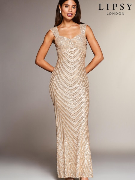 Lipsy Gold Premium Placed Sequin Ruched Bust Maxi Dress (K42602) | €92