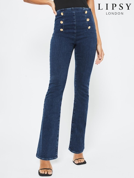 Lipsy Blue Military Button Petite High Waist Military Button Flare Jeans (K42758) | €26