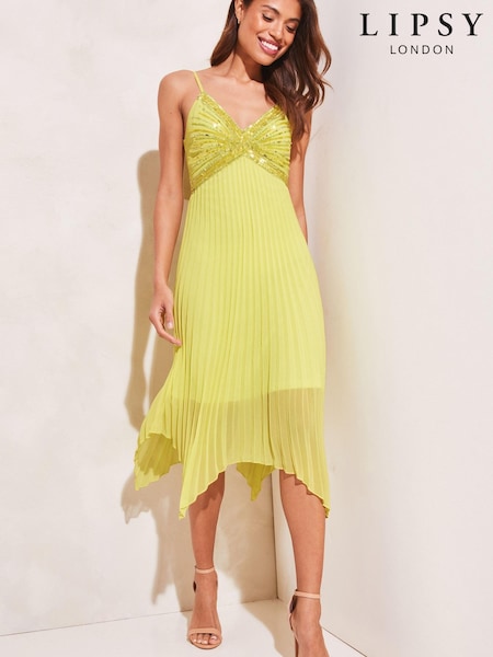 Lipsy Yellow Sequin Pleated Hanky Hem Midi Dress (K43069) | €51