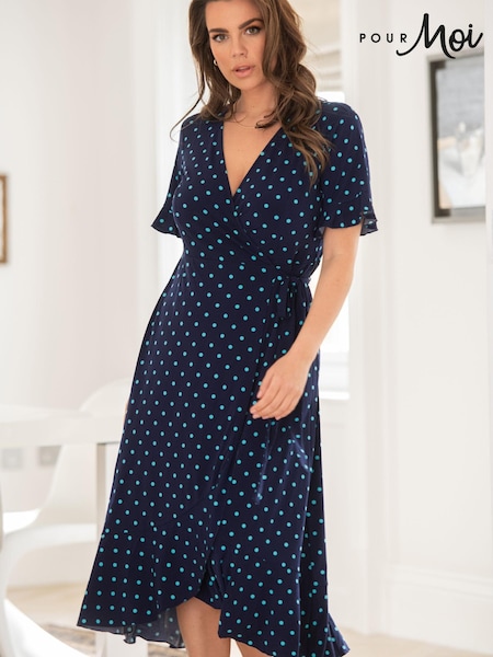 Pour Moi Navy Blue/ Aqua Megan Slinky Recycled Stretch Frill Detail Midi Wrap Dress (K43274) | €18