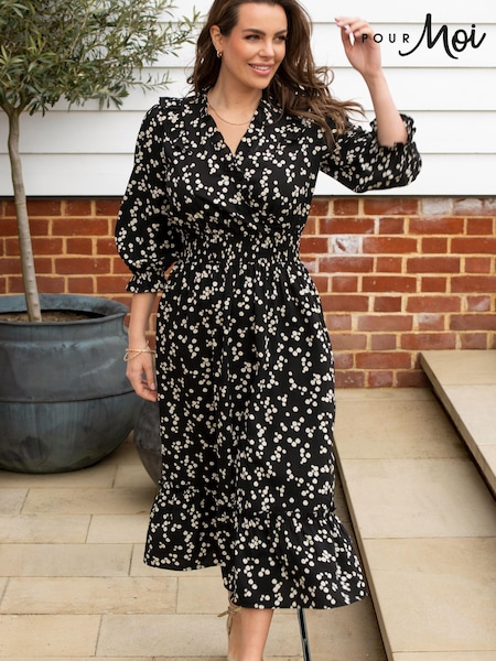 Pour Moi Black Ditsy Maggie Recycled Woven Frill Midi Dress (K43296) | €33
