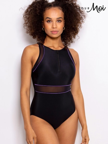 Черный/пурпурный - Pour Moi Energy Chlorine Resistant Recycled High Neck Zip Front Swimsuit (K43302) | €23