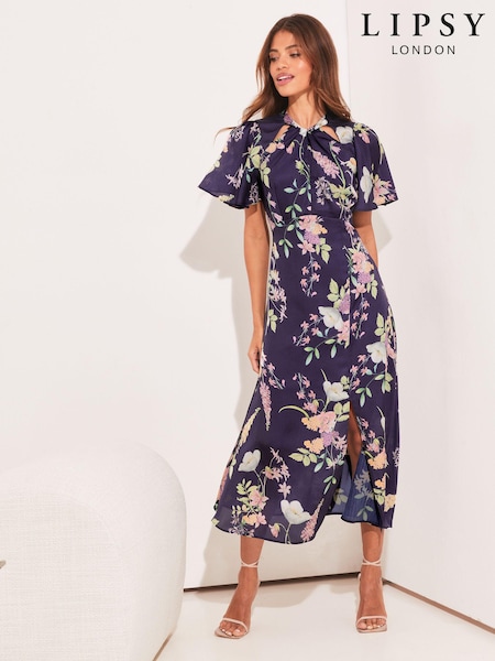 Lipsy Navy Flutter Sleeve Keyhole Front Split Midi Dress (K43349) | €7