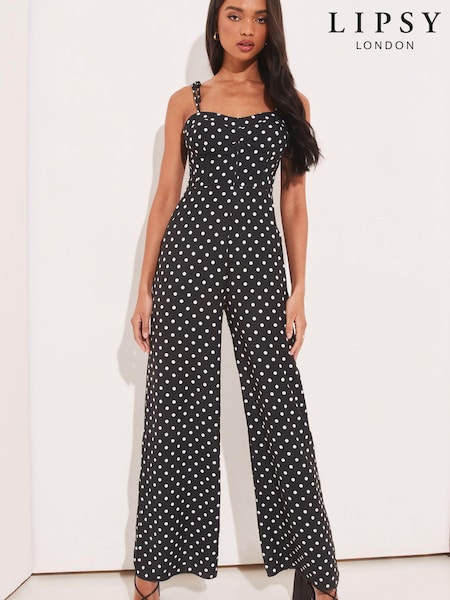 Lipsy Black/White Polka Dot Strappy Corset Wide Leg Jumpsuit (K43543) | € 37