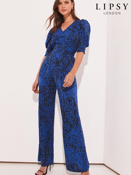 Синий со звериным принтом - Lipsy Puff Sleeve V Neck Wide Leg Jumpsuit (K43548) | €10