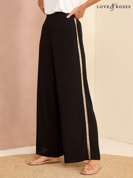 Negru - Pantaloni largi, ușori, cu borduri laterale Love & Roses (K43760) | 175 LEI