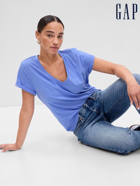 Gap Blue Organic Cotton Vintage Short Sleeve V-Neck T-Shirt (K43793) | €12.50