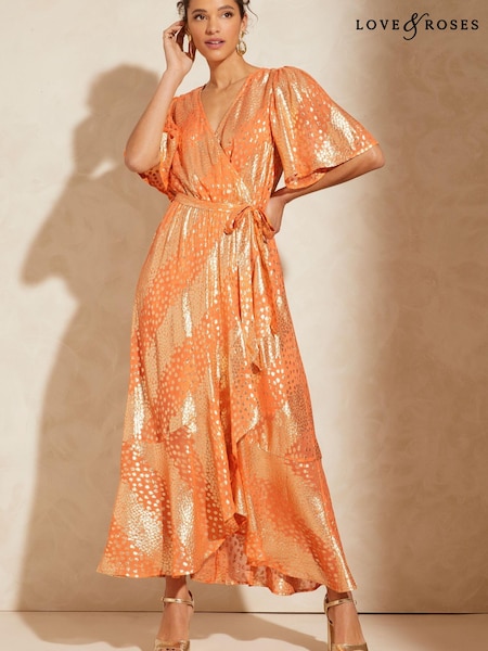 Love & Roses Orange Metallic Flutter Sleeve Wrap Tiered Midi Dress (K43918) | €52