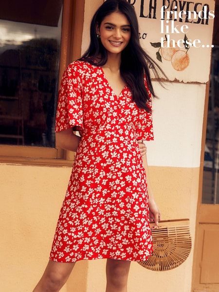 Friends Like These Red Petite V Neck Flutter Sleeve Summer Mini Dress (K44154) | €19