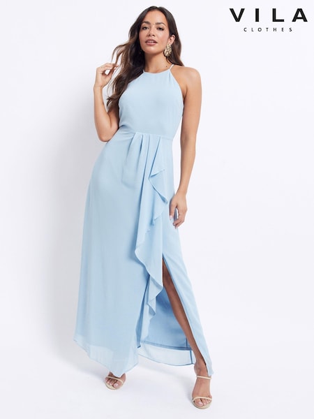 Голубой - VILA Halter Neck Ruffle Maxi Dress (K44939) | €18