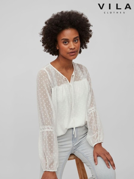 VILA White Dobby and Lace Detail Blouse (K44942) | LEI 114