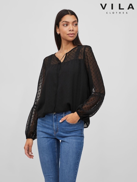 VILA Black Dobby and Lace Detail Blouse (K44943) | LEI 114