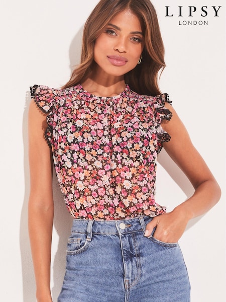 Lipsy Pink Floral Print Shirred Yoke Ruffle Sleeveless Round Neck Top (K45137) | €16