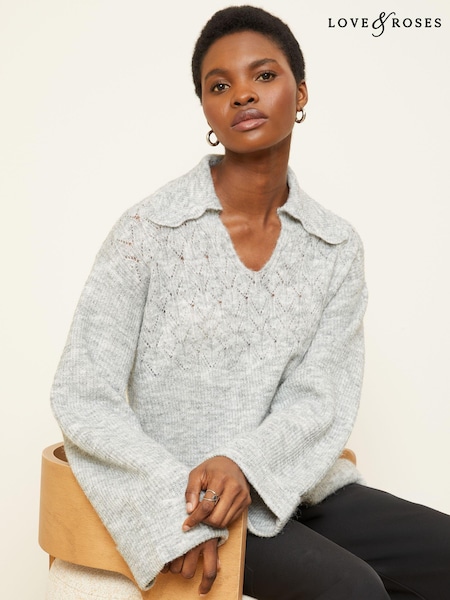 Love & Roses Pointelle Scallop Collar V Neck Jumper (K45479) | 150 LEI