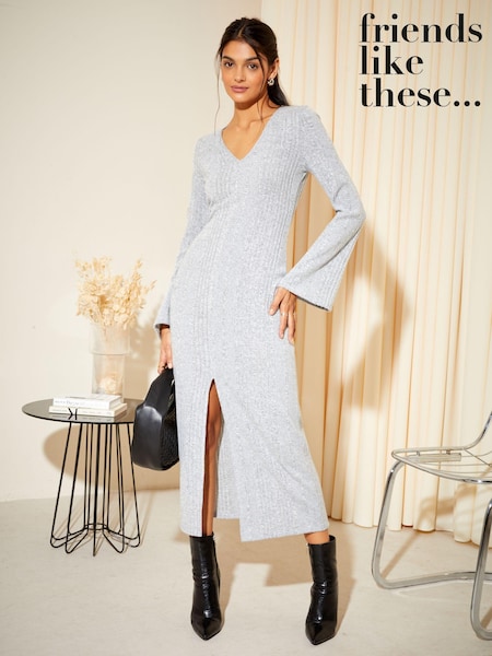 Серый - Friends Like These Soft Touch Rib V Neck Knit Midi Dress (K45780) | €12