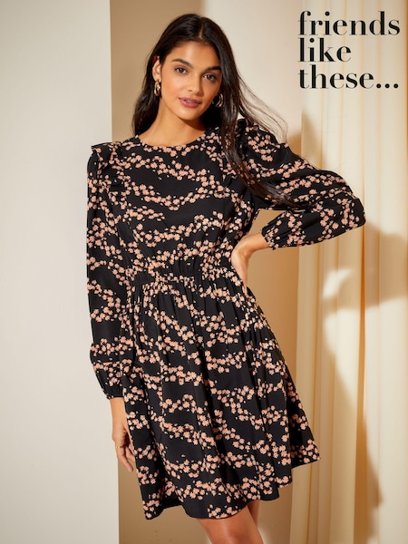 Friends Like These Black Ruffle Sleeve Mini Fit and Flare Dress (K45783) | 173 QAR