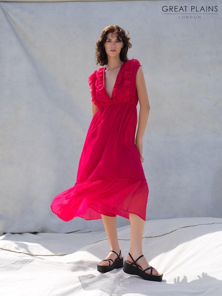 Great Plains Hot Pink High Summer Crinkle V Neck Dress (K45834) | €46