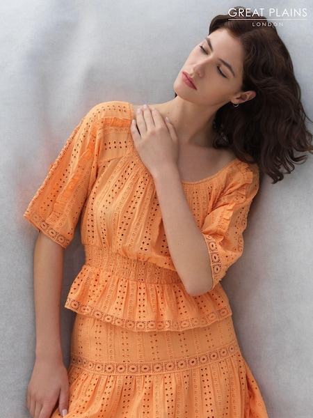 Great Plains Orange Summer Embroidery Square Neck Top (K45848) | €31