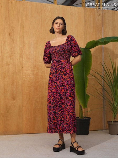 Great Plains Black Multi Grenada Jersey Smocked Top Dress (K45872) | €43