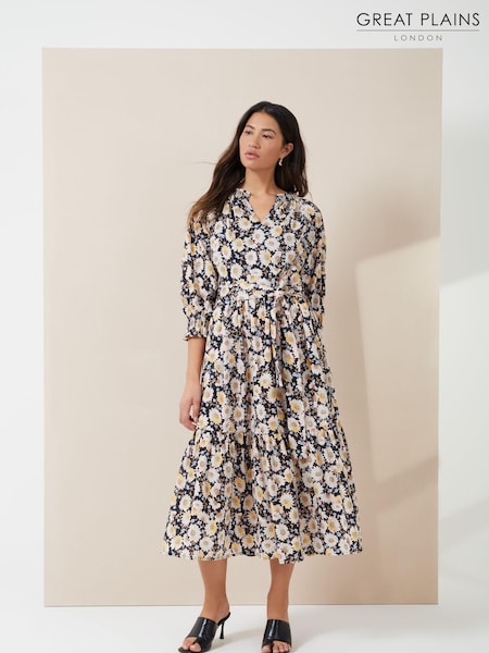 Great Plains Black Multi Sunflower Print Belted Dress (K45881) | €31