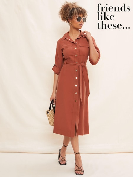 Friends Like These Red Utility Belted Long Sleeve Midi Shirt Dress (K46182) | €32