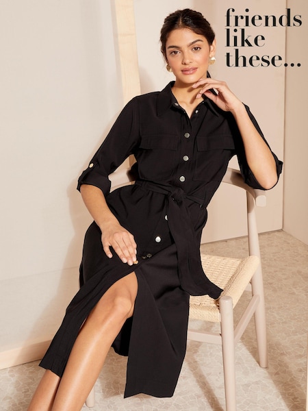 Friends Like These Black Utility Belted Long Sleeve Midi Shirt Dress (K46183) | €31