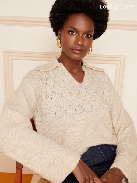 Love & Roses Pointelle Scallop Collar V Neck Jumper (K46583) | 150 LEI