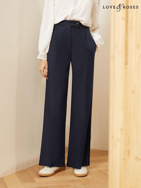 Love & Roses Navy Blue PU Trim Petite High Waist Wide Leg Tailored Trousers (K46640) | €13
