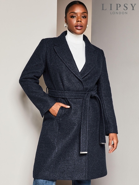 Lipsy Navy Blue Curve Relaxed Belted Boucle Smart Wrap Trench Coat (K46695) | €41