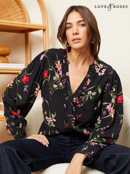 Love & Roses Black and White Floral Ruffle Trim V Neck Long Sleeve Blouse (K46697) | €15.50