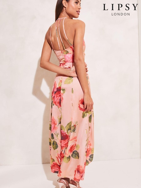 Lipsy Blush Floral Petite Halterneck Frill Ruffled Bodice Midi Dress (K46974) | €17