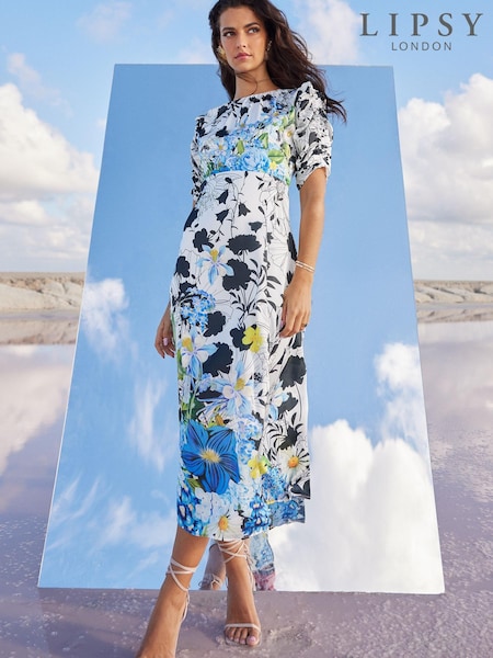 Mary Katranzou x Lipsy Blue Floral Ruched Sleeve Split Midi Dress (K46975) | €34