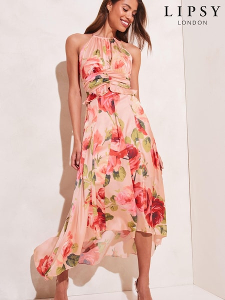 Lipsy Blush Floral Halterneck Frill Ruffled Bodice Midi Dress (K46978) | € 15