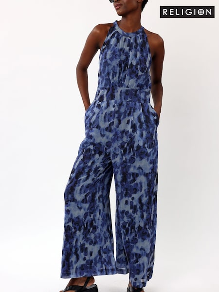 Синий - Religion Halterneck Printed Jumpsuit With Wide Leg Trousers (K48566) | €37
