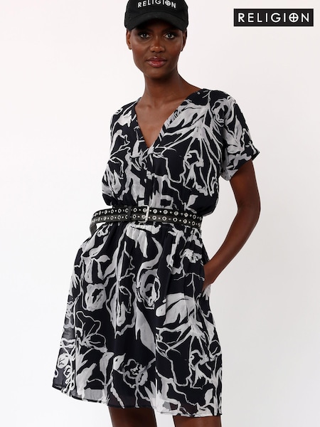 Religion Black Faux Wrap Dress With Elasticated Waist In Print (K48569) | €67